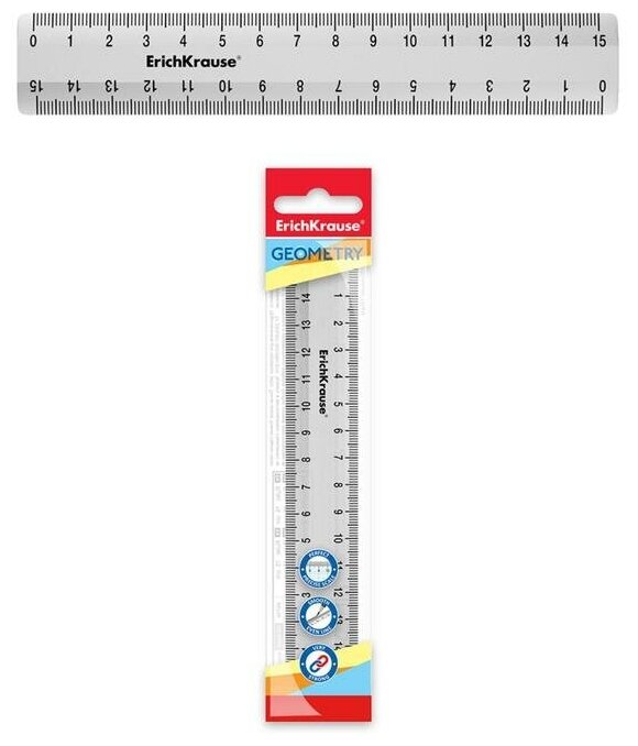 Линейка 15 см ErichKrause Clear в флоупаке прозрачная