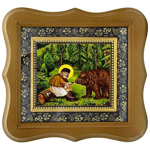 Серафим Саровский кормит медведя. Икона на холсте.