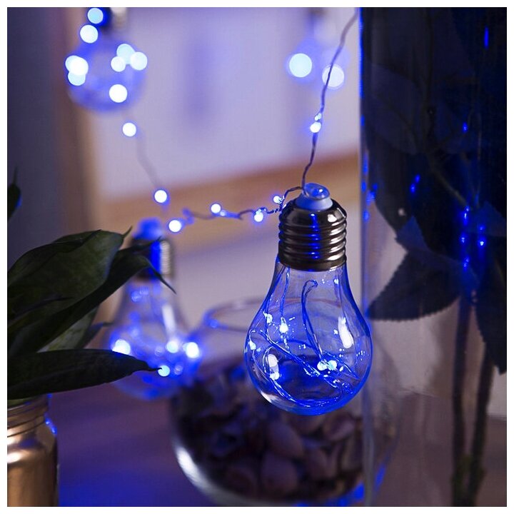 Гирлянда «Нить» 3 м с насадками «Лампочки», IP20, серебристая нить, 100 LED, свечение синее, 12 В