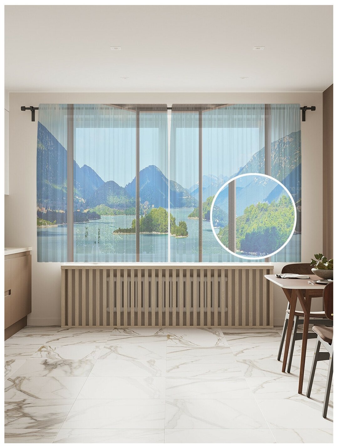 Тюль для кухни и спальни JoyArty "Морские апартаменты", 2 полотна со шторной лентой шириной по 145 см, высота 180 см.