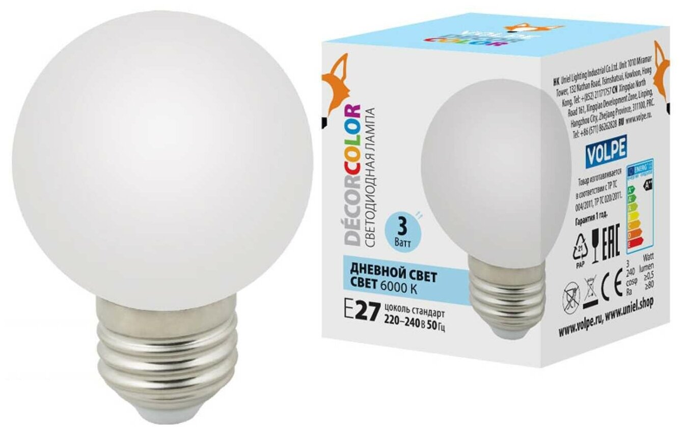 Лампа светодиодная Volpe E27 3W 6000K матовая LED-G60-3W/6000K/E27/FR/С UL-00006956