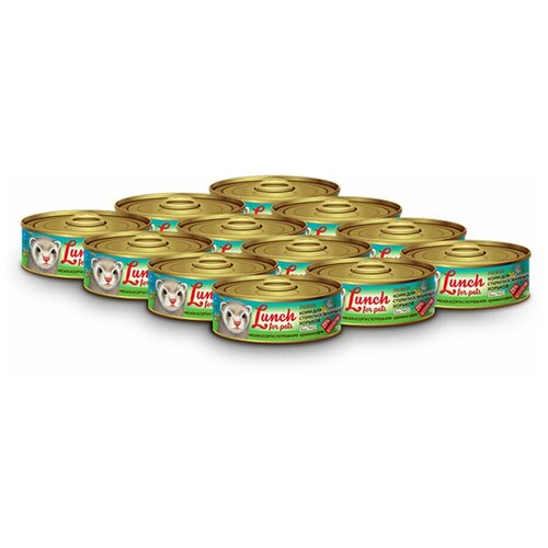 Консервы Lunch for pets для стерилизованных хорьков мясное ассорти потрошками кусочки в суфле, 100 гр * 12 шт