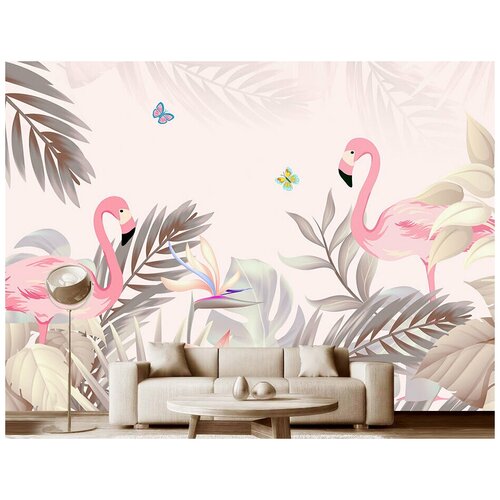Фотообои на стену детские Модный Дом Розовые фламинго в тропиках 350x250 см (ШxВ)