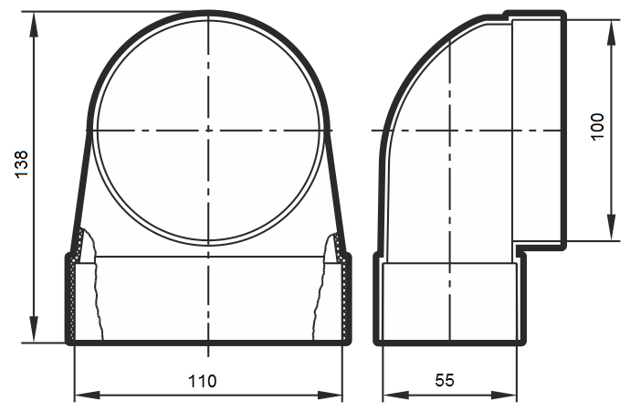 Соединитель угловой 90, воздуховод, 55х110/D100