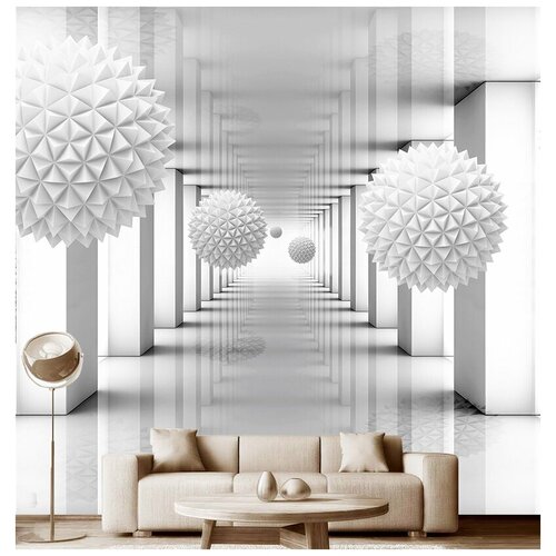 Фотообои на стену флизелиновые 3D Модный Дом Белые игольчатые шары в зале с колоннами 300x290 см (ШxВ)