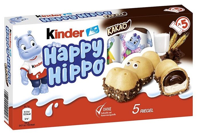 Шоколадно-молочное печенье Kinder Happy Hippo Cacao со вкусом какао (Германия), 104 г