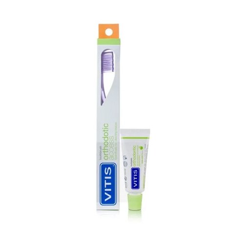 Купить DENTAID, Зубная щётка ортодонтическая Vitis Ortho access в твердой упаковке + Зубная паста Vitis Ortho 15 мл, DENTAID Retail, бесцветный/белый/голубой, Зубные щетки