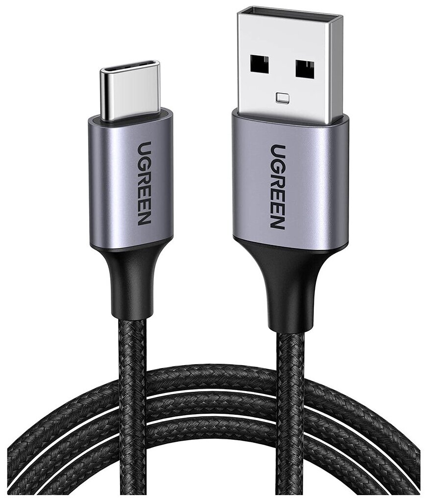 Кабель UGREEN US288 (60126) USB-A 2.0 to USB-C Cable Nickel Plating Aluminum Nylon Braid (1 метр) чёрный/серый космос