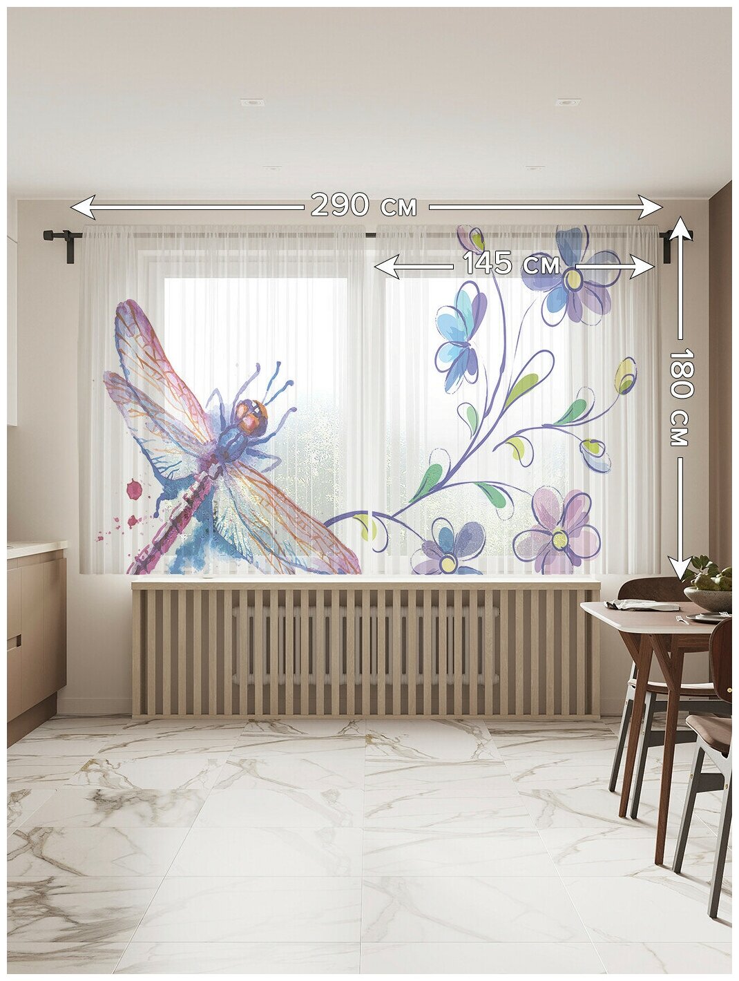 Тюль для кухни и спальни JoyArty "Стрекоза на цветке", 2 полотна со шторной лентой шириной по 145 см, высота 180 см. - фотография № 2
