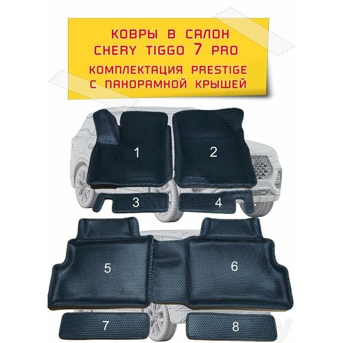 Ковры в салон 3D EVA для Chery Tiggo 7 Pro. Комплектация Prestige (С панорамной крышей). Цвет Черный/Красный