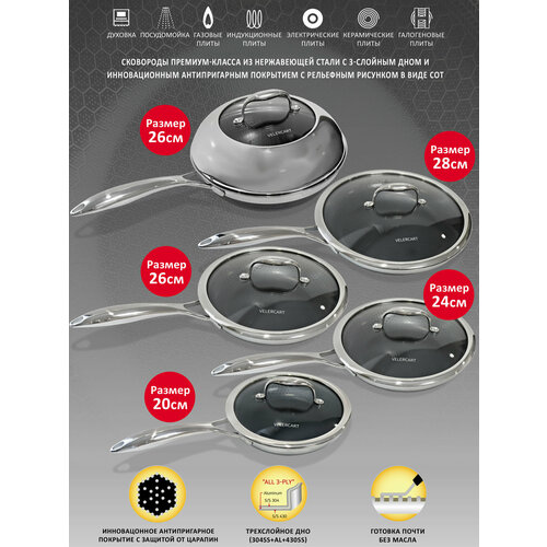 Набор сковород из нержавеющей стали с антипригарным покрытием VELERCART T-Type, диаметр 20, 24, 26, 28 см, ВОК 28 см, с крышками