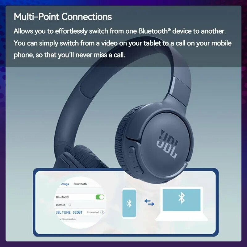 JBL Наушники беспроводные с микрофоном JBL Tune 520BT, Bluetooth, USB, черный — фото 1