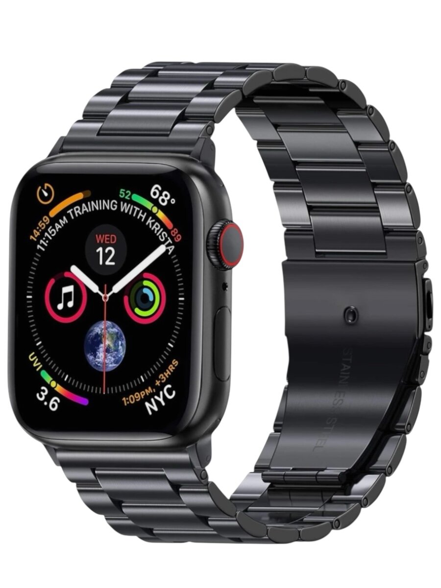 Блочный ремешок для Apple Watch 38-40-41 mm, Series 1-9, SE / Сменный браслет для смарт часов на застежке Эпл Вотч 38-41 мм / Черный — фото 1
