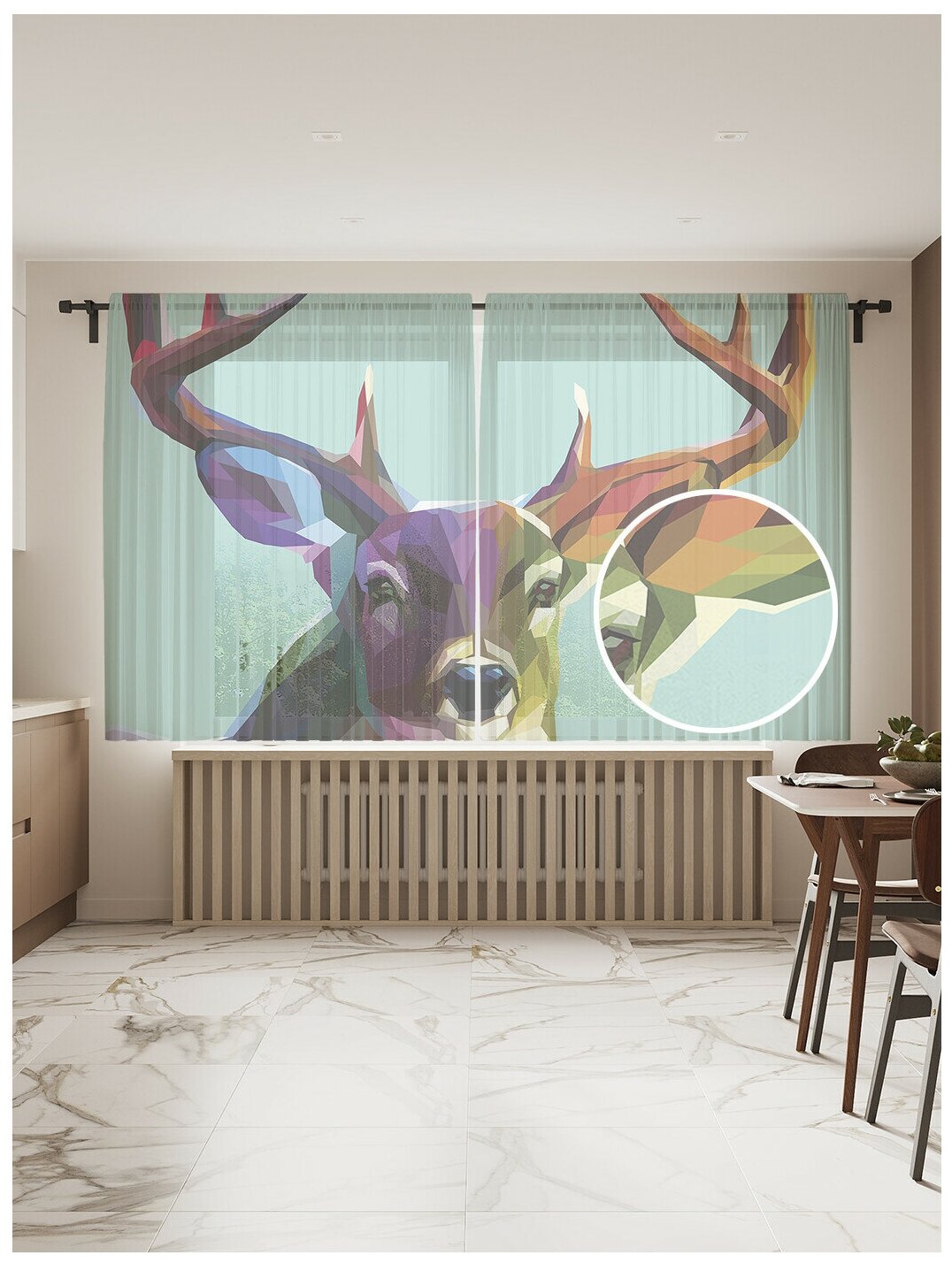 Тюль для кухни и спальни JoyArty "Радужный олень", 2 полотна со шторной лентой шириной по 145 см, высота 180 см.