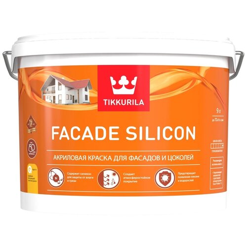 Краска акриловая Tikkurila Facade Silicon глубокоматовая бесцветный 9 л 11.8 кг краска акриловая tikkurila perfecta глубокоматовая бесцветный 9 л 14 кг