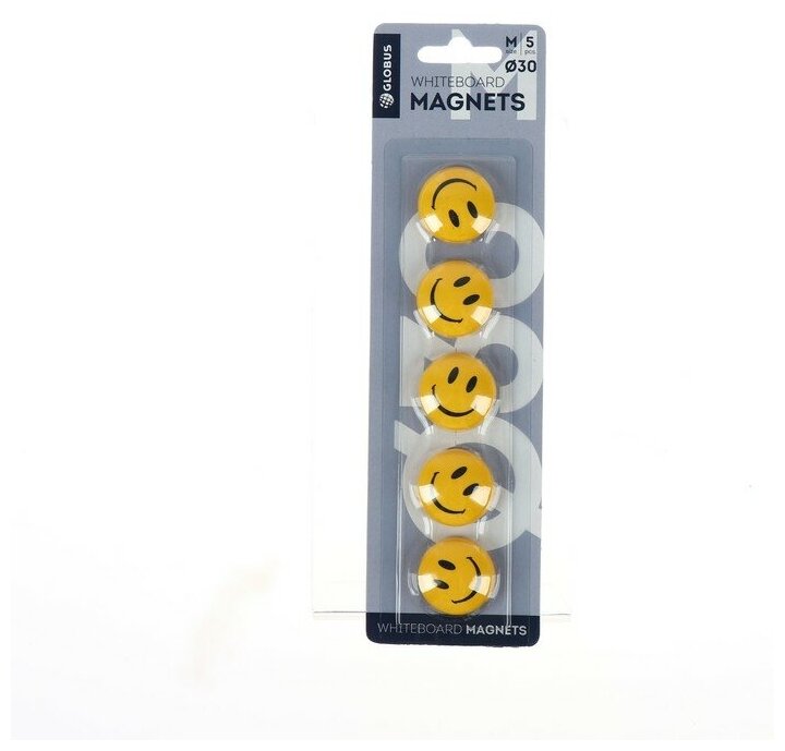 Магниты для досок "Смайлики" 30 мм, 5 штук, GLOBUS желтые