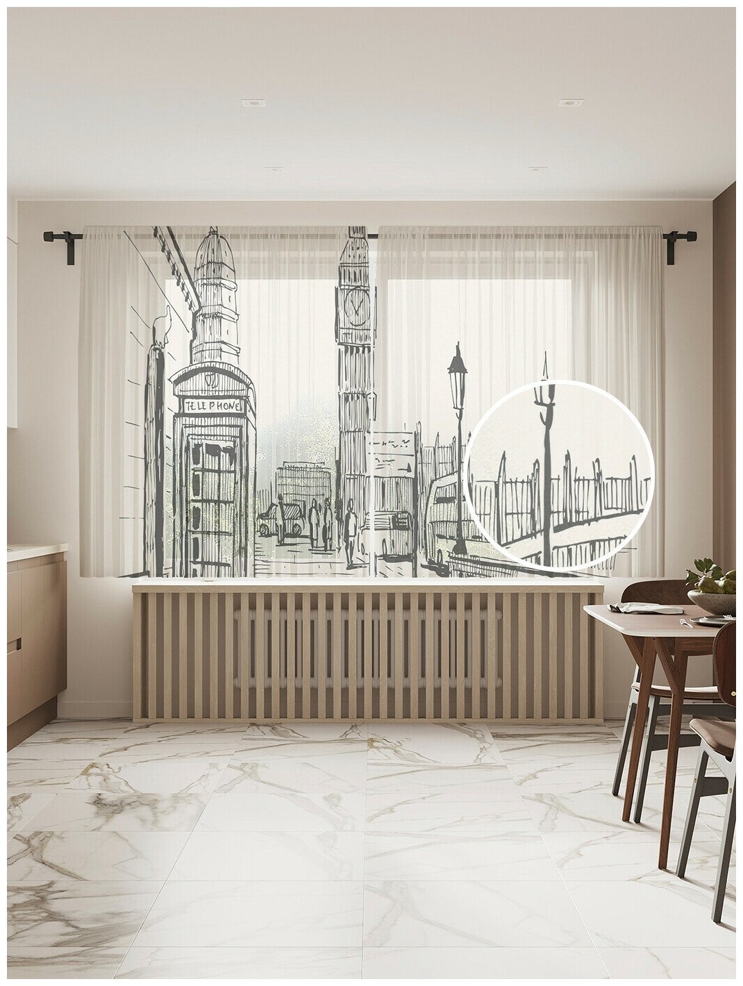 Тюль для кухни и спальни JoyArty "Типичный лондон", 2 полотна со шторной лентой шириной по 145 см, высота 180 см.