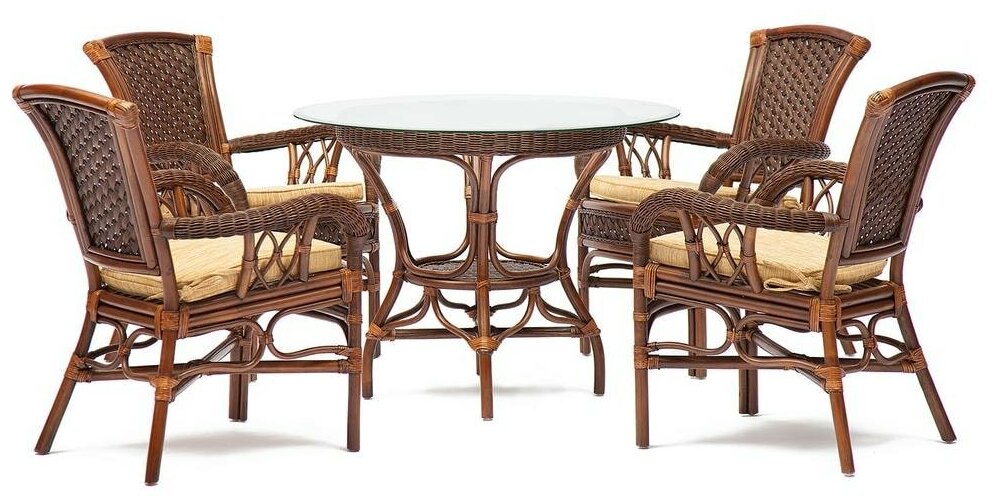 Комплект обеденный TetChair "ANDREA" ( стол со стеклом + 4 кресла + подушки), Pecan Washed (античн. орех), Ткань рубчик, цвет кремовый