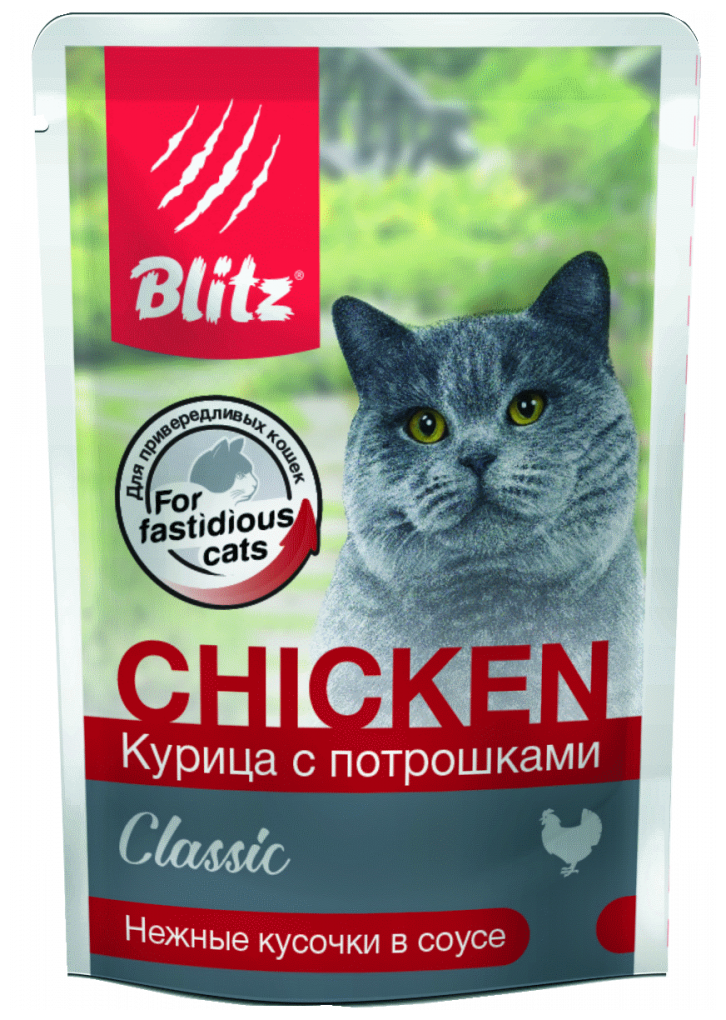 Влажный корм для кошек Blitz Classic, с курицей, с потрохами 85 г (кусочки в соусе) - фотография № 5