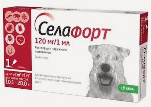 Изображение товара Капли Krka против блох, вшей, власоедов Селафорт для собак от 10 до 20 кг Селафорт, 1 пип.