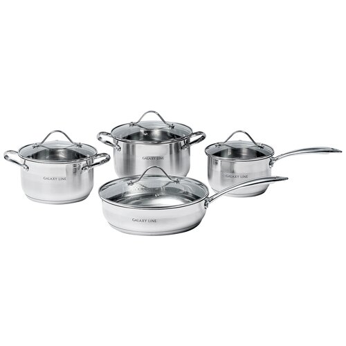 Набор посуды из высококачественной нержавеющей стали 8 пр.Galaxy LINE GL 9506: сковорода с крышкой 24см*6,5см, ковш с крышкой 1,9л= 16см*9,5 см, кастрюля с крышкой 2,6л= 18*10,5см., кастрюля с крышкой 3,6л= 20*11,5см, крышки из жаропрочного стекла, подходит для всех типов плит, в том числе индукционных