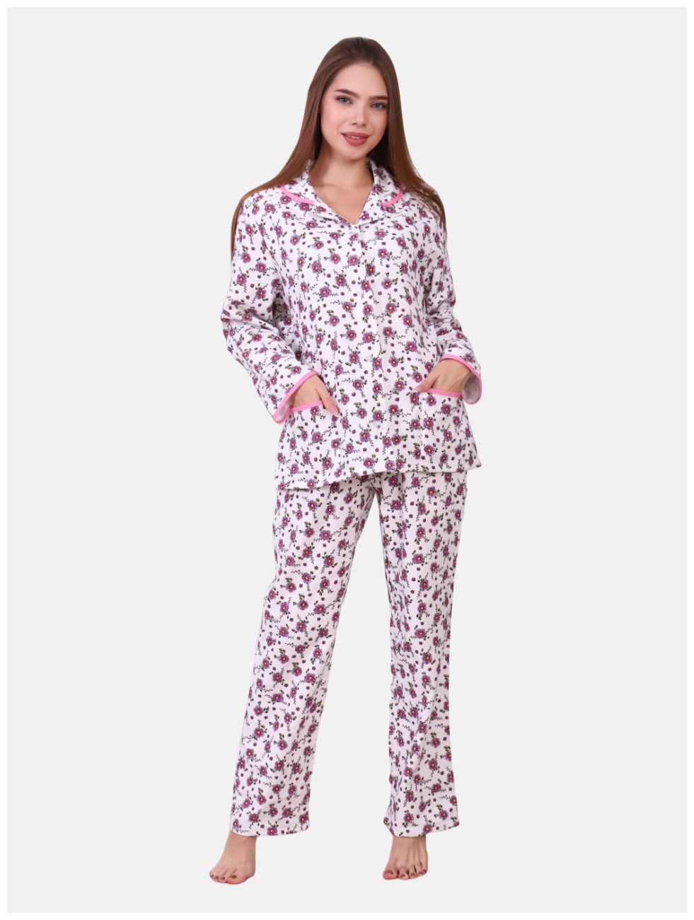 Ретро-Пижама женская с брюками теплая. Большие размеры. М-110 (розовая) 54 - фотография № 2