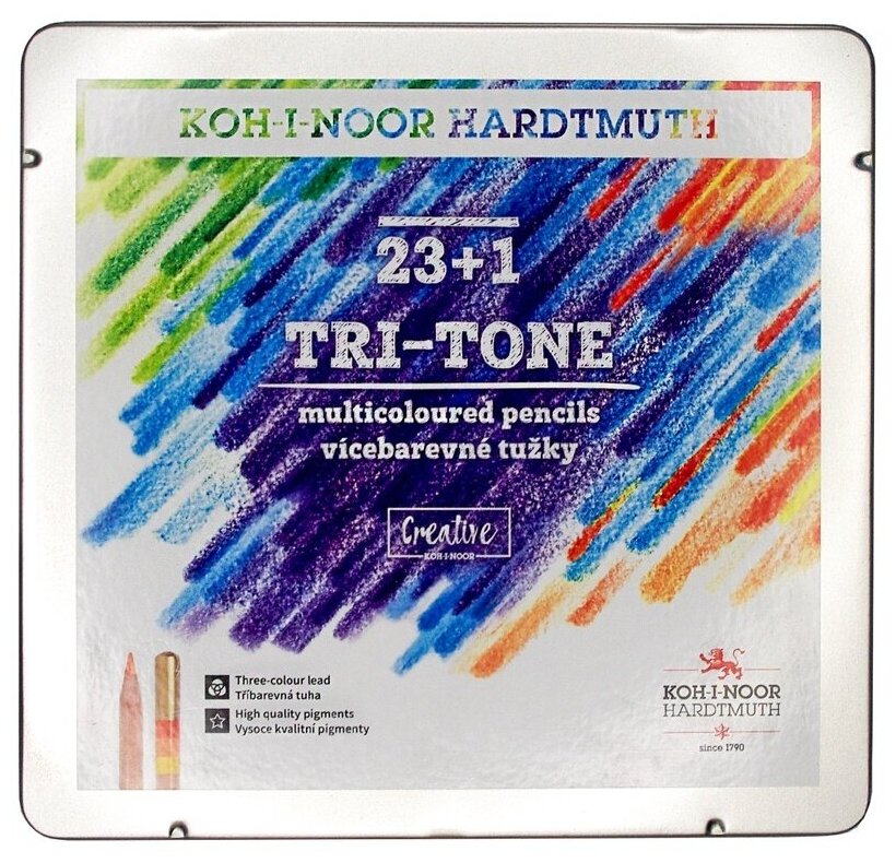 Карандаши с многоцветным грифелем KOH-I-NOOR TRI-TONE 3444, 24 шт, металлическая коробка