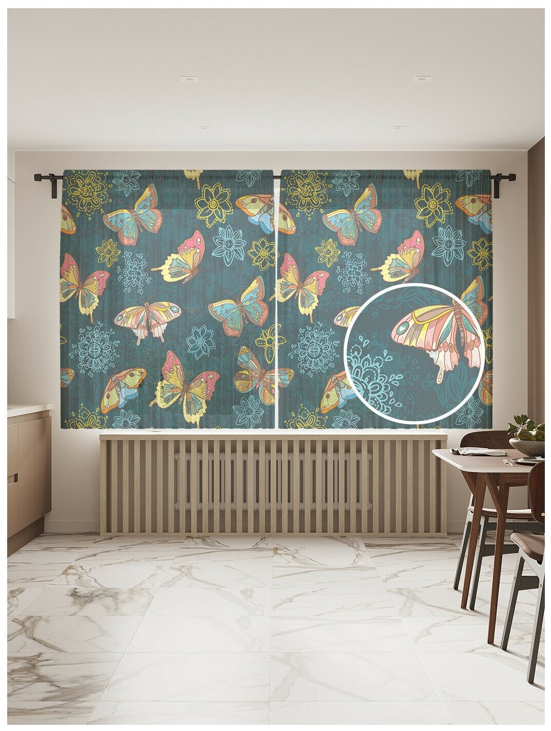 Тюль для кухни и спальни JoyArty "Луг бабочек", 2 полотна со шторной лентой шириной по 145 см, высота 180 см.