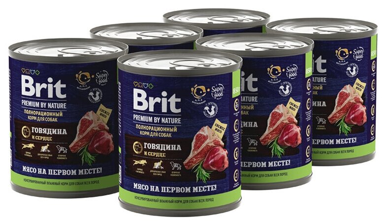 Консервы для собак Brit Premium by Nature Говядина и сердце, упаковка 6 шт х 850 гр