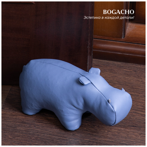 Напольный мягкий стоппер для дверей Bogacho Бегемот голубой из искусственной кожи набитый холлофайбером и мраморной крошкой вес 1 кг