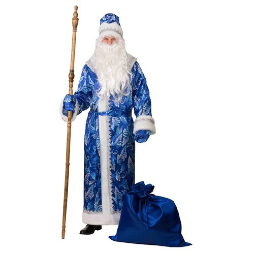 костюм деда мороза синий сатин 11874 54 56 Батик Карнавальный костюм для взрослых Дед Мороз сатиновый с принтом, синий, 54-56 размер 194-54-56