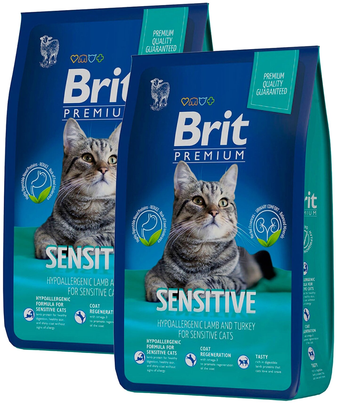 BRIT PREMIUM CAT SENSITIVE для взрослых кошек с чувствительным пищеварением с ягненком и индейкой (04 + 04 кг)