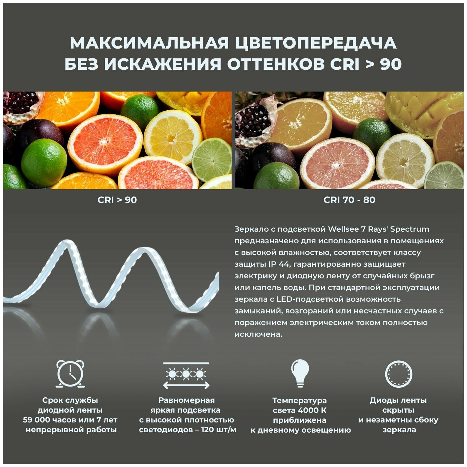 Настенное зеркало в ванную с подсветкой для макияжа Wellsee 7 Rays' Spectrum 172201400 : влагостойкое зеркало 80х120 см с черным матовым контуром - фотография № 4