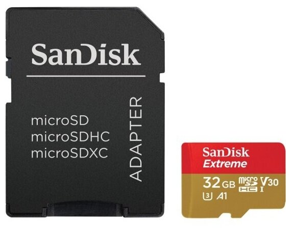 Карта памяти SANDISK Extreme microSDHC 32Gb UHS-I U3 V30 A1 + ADP (100/60 MB/s), SDSQXAF-032G-GN6MA