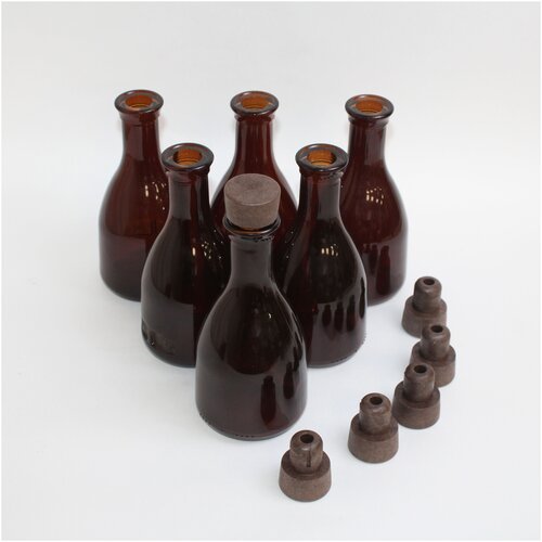 Бутылка стеклянная 250 мл. Для подарка, для творчества, для напитков, сока, алкоголя. Комплект с пробками 6 шт.