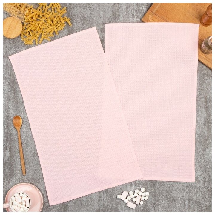 фото Набор кухонных полотенец Доляна, цвет розовый, 35х60см-2шт, 100% хл, вафля, 220 гр/м2