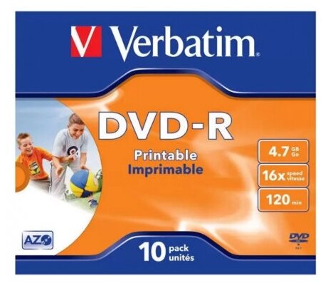 Диск Verbatim DVD-R 4.7Gb 16x Jewel case (10шт) Printable (43521)