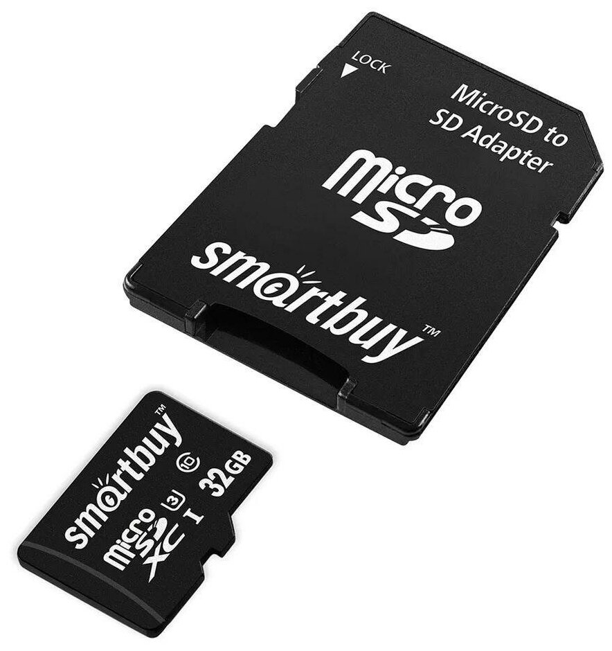 Карта памяти SmartBuy microSDHC 32 ГБ Class 10, UHS-I U3, R/W 90/55 МБ/с, адаптер на SD, 1 шт., разноцветный