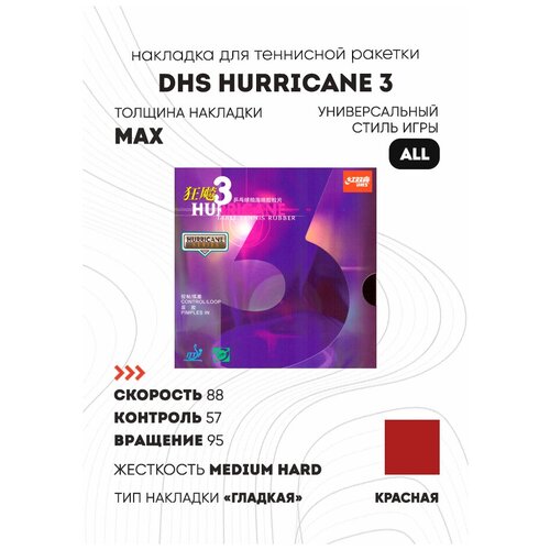 фото Накладка dhs hurricane 3 - цвет красный, толщина max