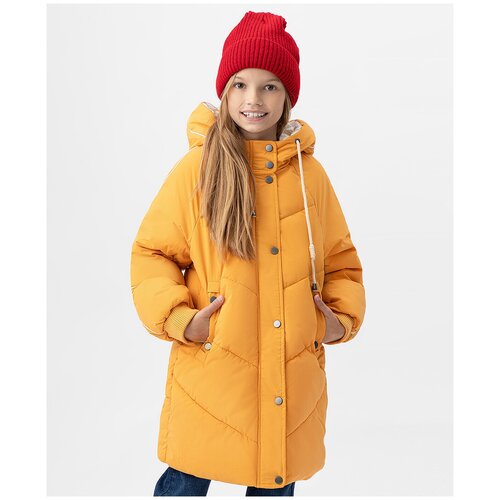 Пальто зимнее с капюшоном желтое Button Blue, размер 122, модель 222BBGC45012700