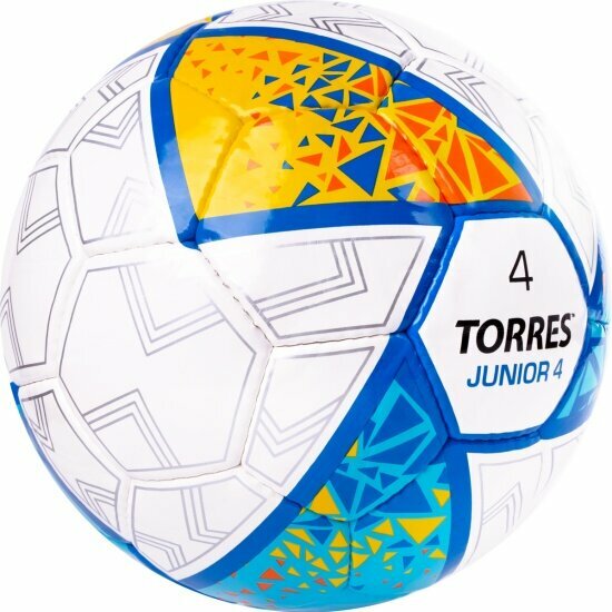 Мяч футбольный Torres Junior-4, F323804, р.4, ПУ, 4 слоя, 32 панели, ручная сшивка, бело-желто-голубой — фото 1