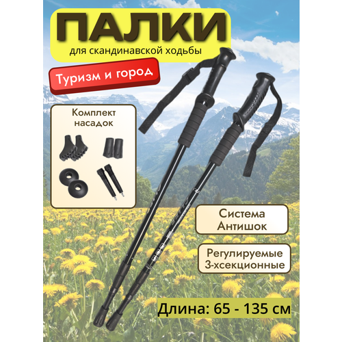 Палки для скандинавской ходьбы, складные, трекинговые, 3-х секционные, алюминиевые, чёрные.