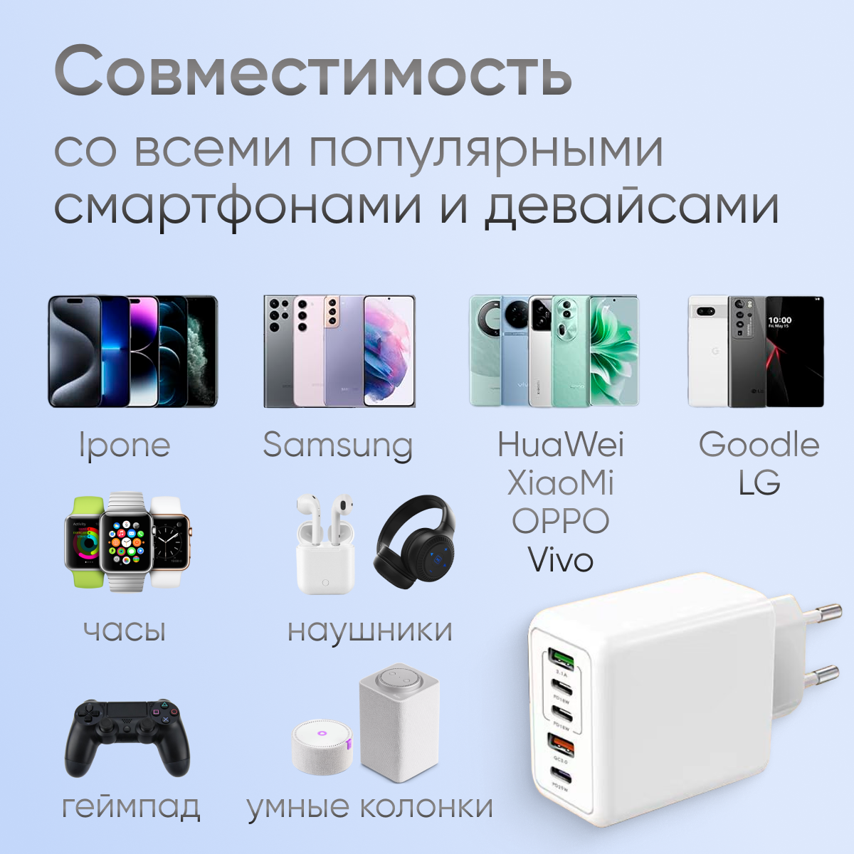 Зарядное устройство для телефона 120 W быстрая зарядка. Адаптер питания Type-C и USB. блок питания для телефона — фото 1