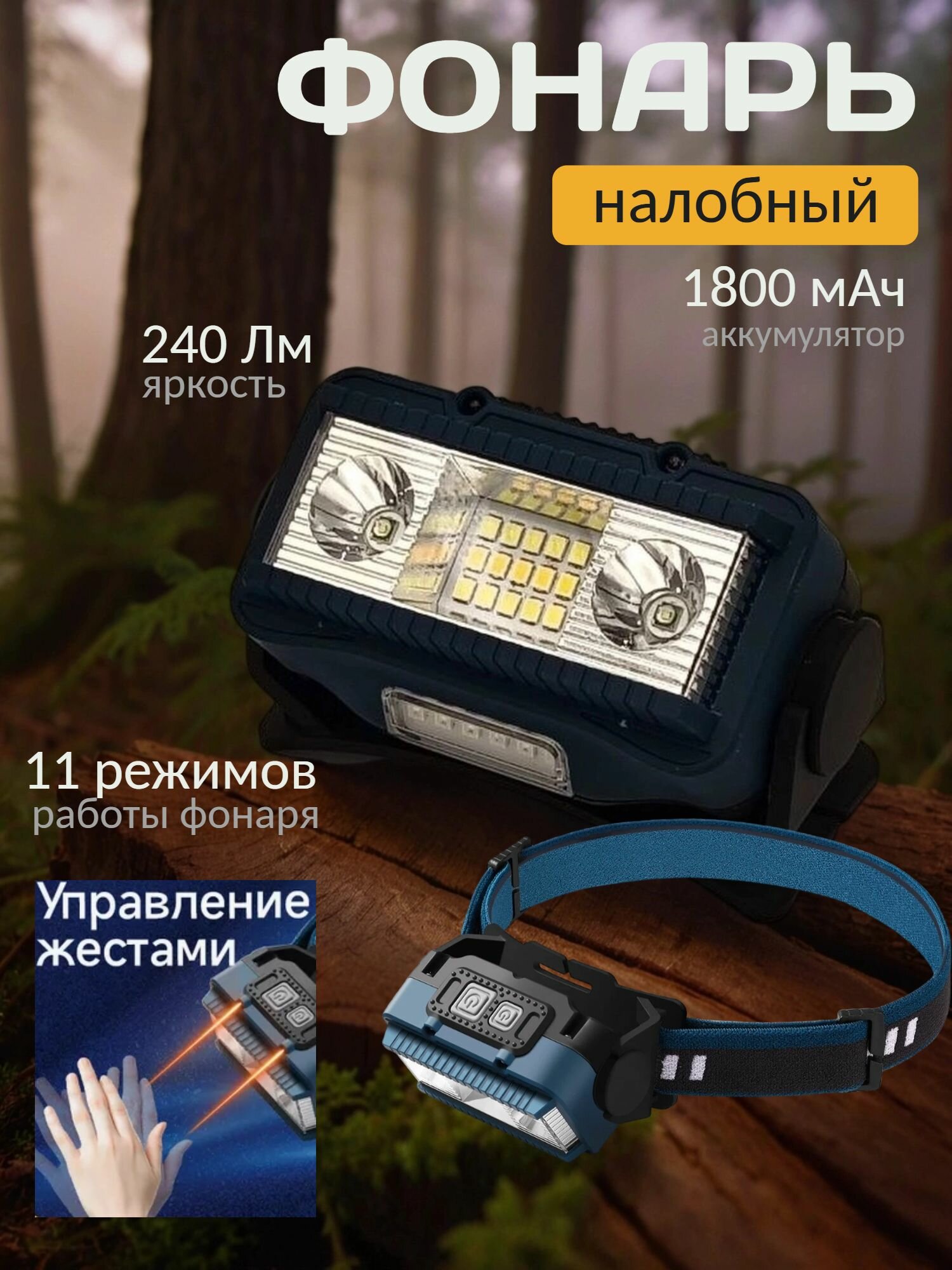 Налобный фонарь синий, аккумуляторный, светодиодный, сенсорный режим управления жестами, противоударный, влагозащита