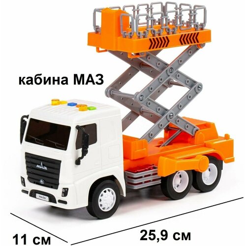 Игрушка автовышка машинка МАЗ - 25,9 см (инерция, свет, звук) машинка игрушка красный грузовик маз бортовой 25 7 см инерция 4 звука свет