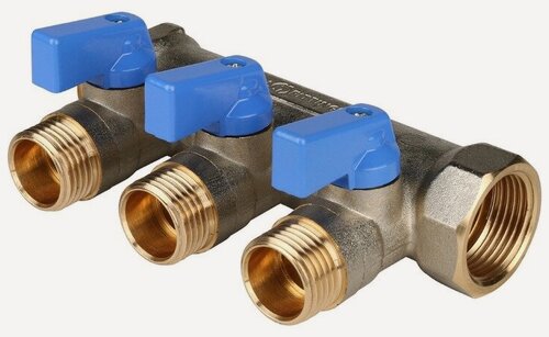 Изображение товара Коллектор запорный STOUT - 3/4" (НР/ВР) на 3 контура 1/2" (НР, ручки синие)