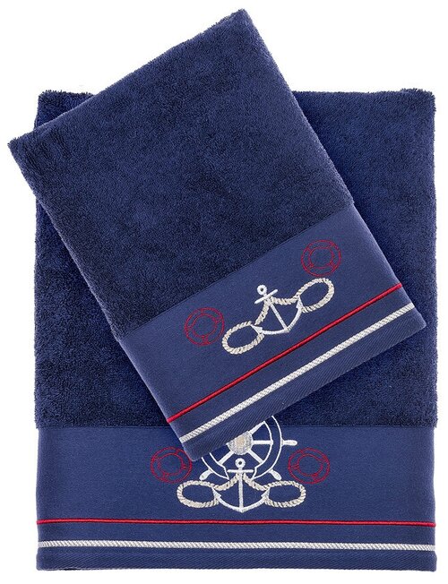 Комплект полотенец с вышивкой (50x100, 75x150) Navy темно-синий Tivolyo (темно-синий), Комплект полотенец
