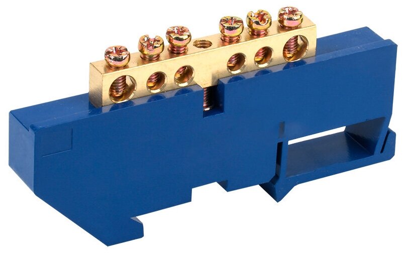 фото Шина N нулевая с синим изолятором на DIN-рейку 6x9 мм стойка бол. 6 групп REXANT