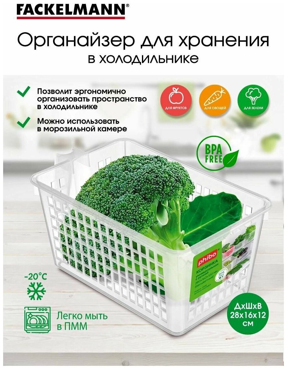 FACKELMANN Органайзер для холодильника с ручкой 35л 28х16х12 см Контейнер пищевой Корзина для хранения универсальная