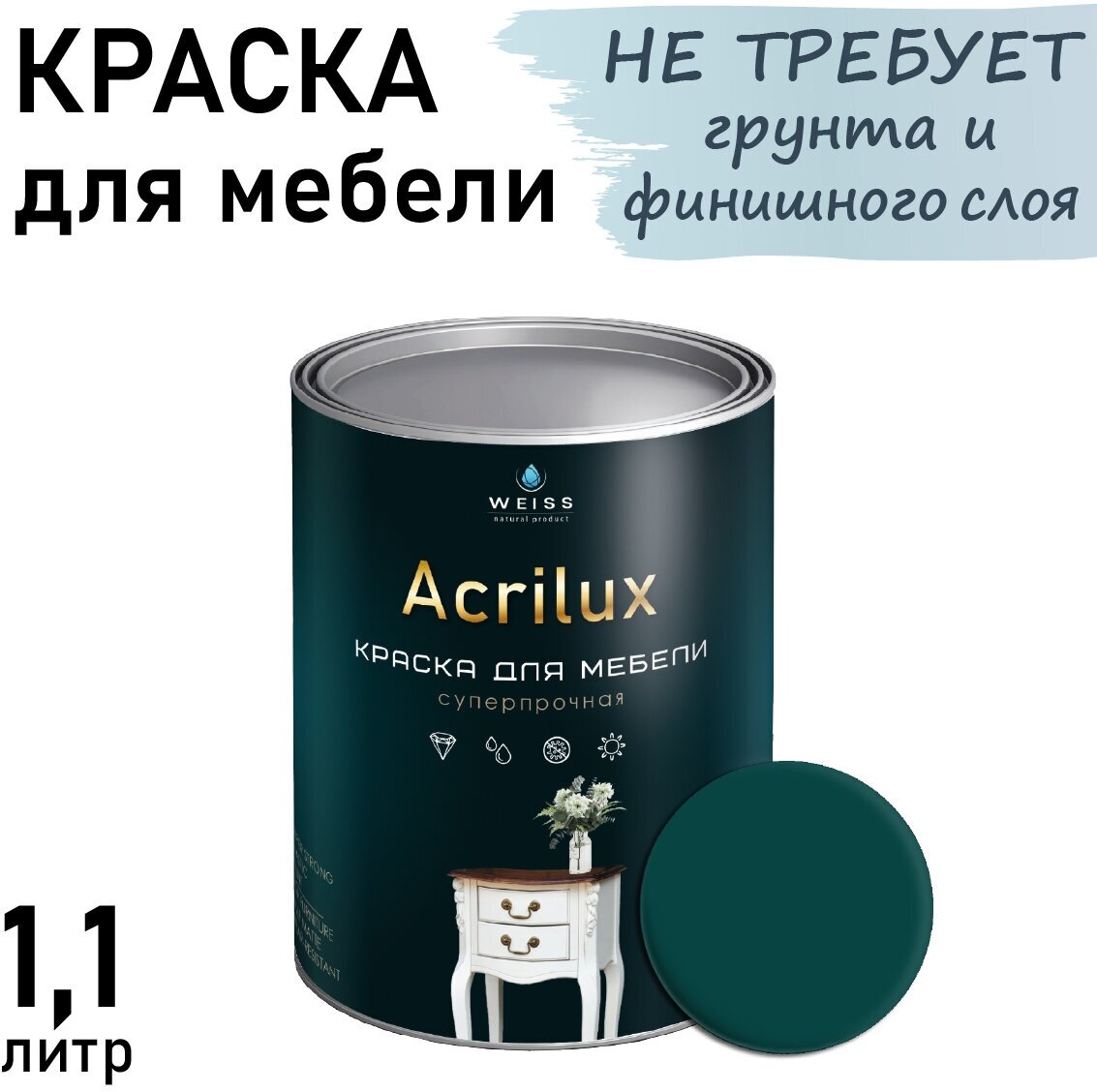 Краска Acrilux для мебели 1.1л RAL 6004, для кухонных фасадов, для декора, для творчества, моющаяся. без запаха